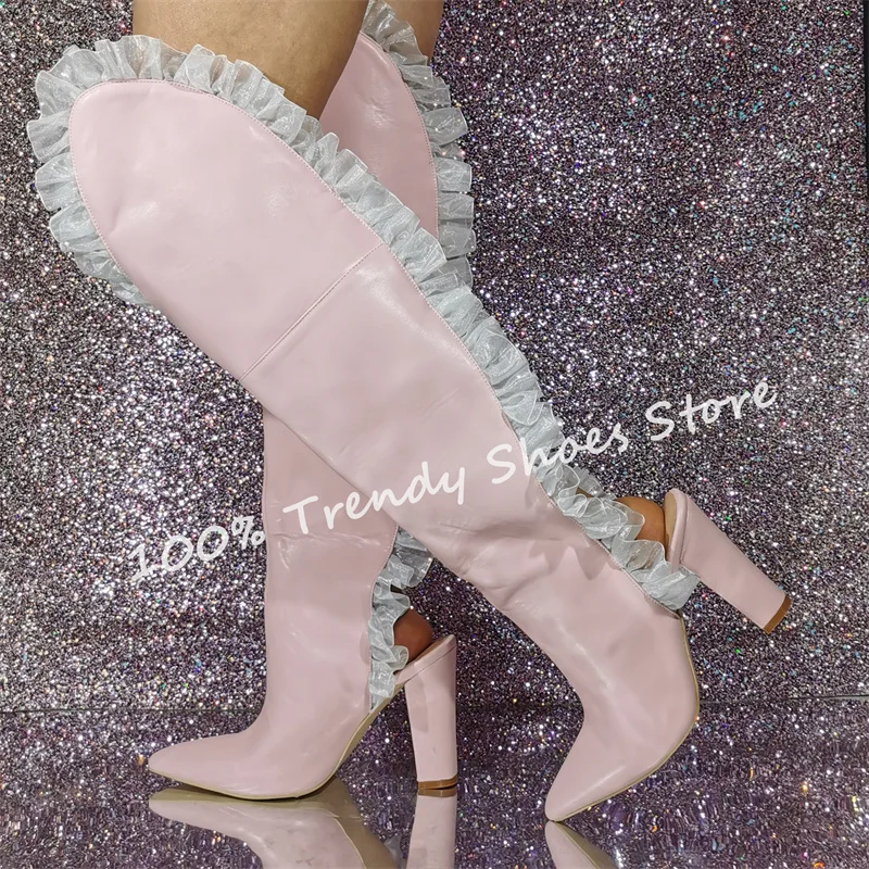 

Fashion Design Pink Mesh Splicing Over-the-knee Boots Women Pointed Toe Chunky Heel Summer Cool Boots Ladies Slingabck Pumps