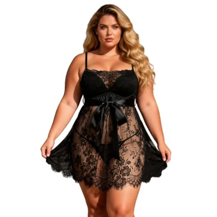 

Women's Plus Size Lingerie Babydoll Lace and Mesh Babydoll Nightdress, Sexy Women's Nightdress S-2XL