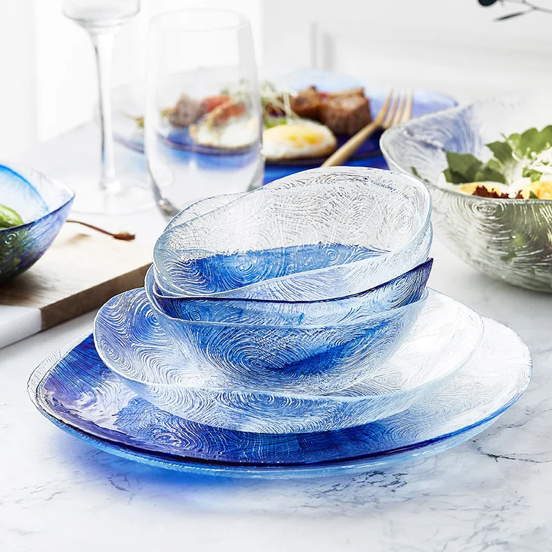 Glass Fruit Salad Plate Household Tempered Dining Plates High End Light Luxury Creative Dishes and Bowls Living Room Snack Plate