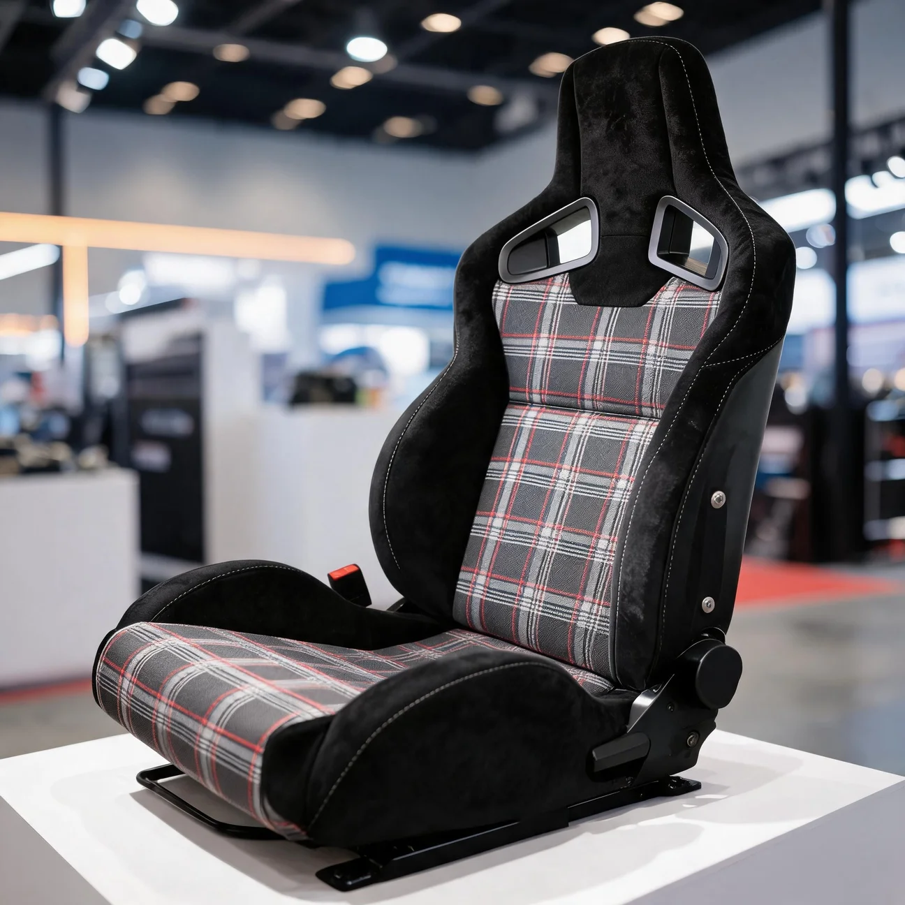 Tartan Fabric Sport Seat Semi-Bucket Racing Style Universal Car Seat with Harness Holes