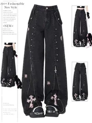 Calças jeans de grandes dimensões femininas, Emo coreano Harajuku Vintage, Jean Trashy, Jeans Gótico Preto, Roupas Estéticas Anos 90, Y2k, Anos 2000