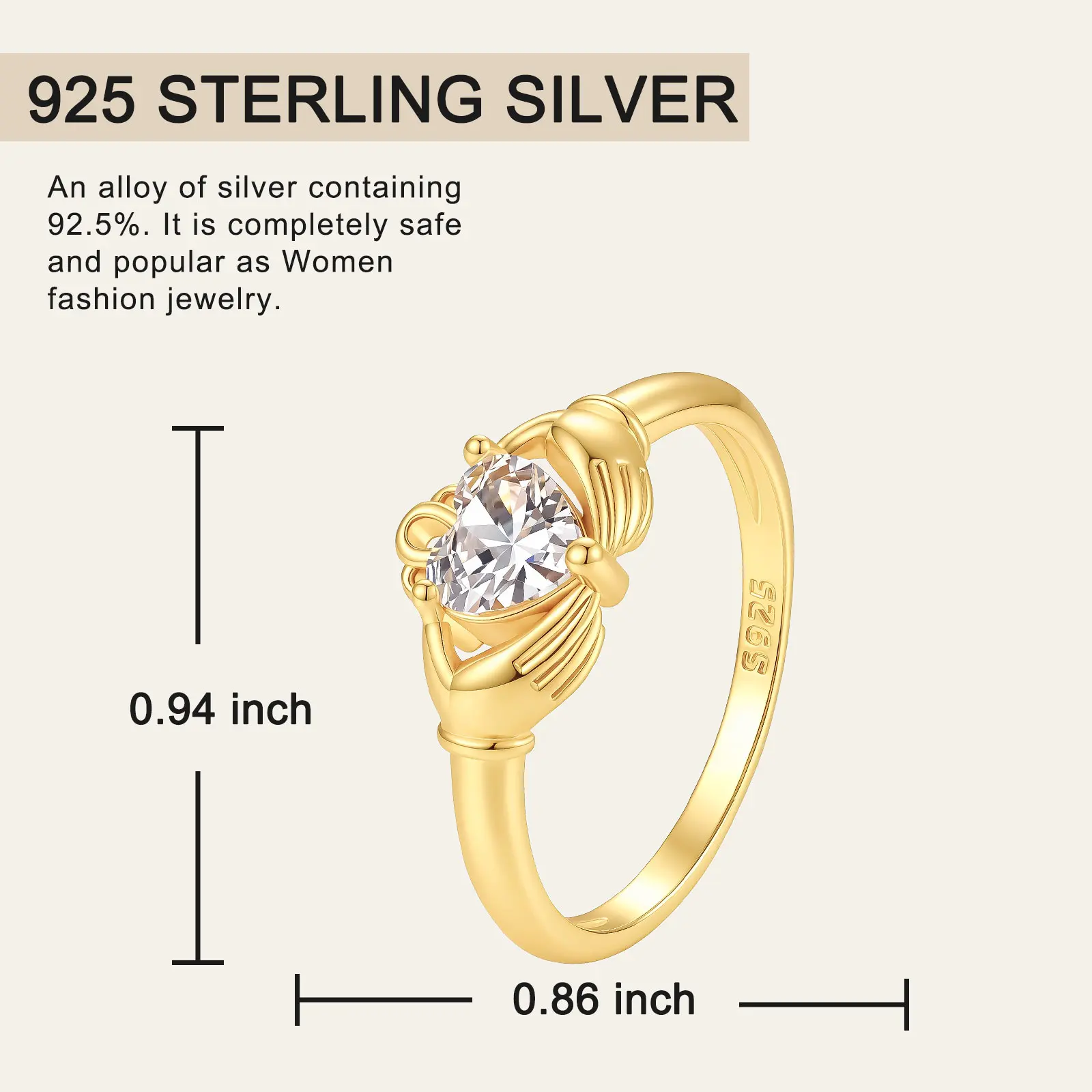 Women's 925 Sterling Silver Gold Love Claddagh Ring