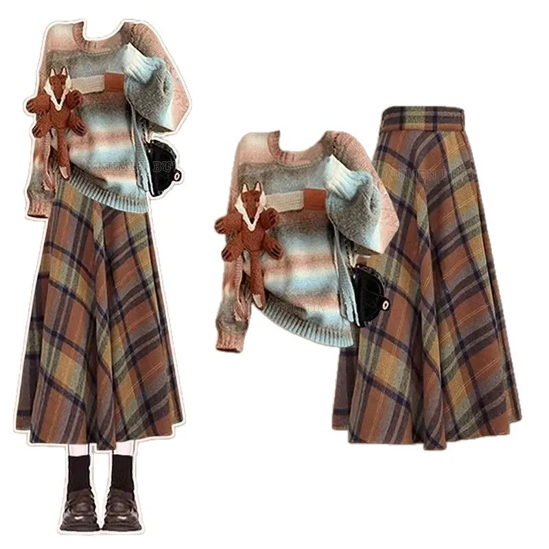 Autumn and Winter American Style Suit Women's Age Reducing Atmosphere Knitted Sweater with Plaid Skirt Two-piece Set Dress Sets