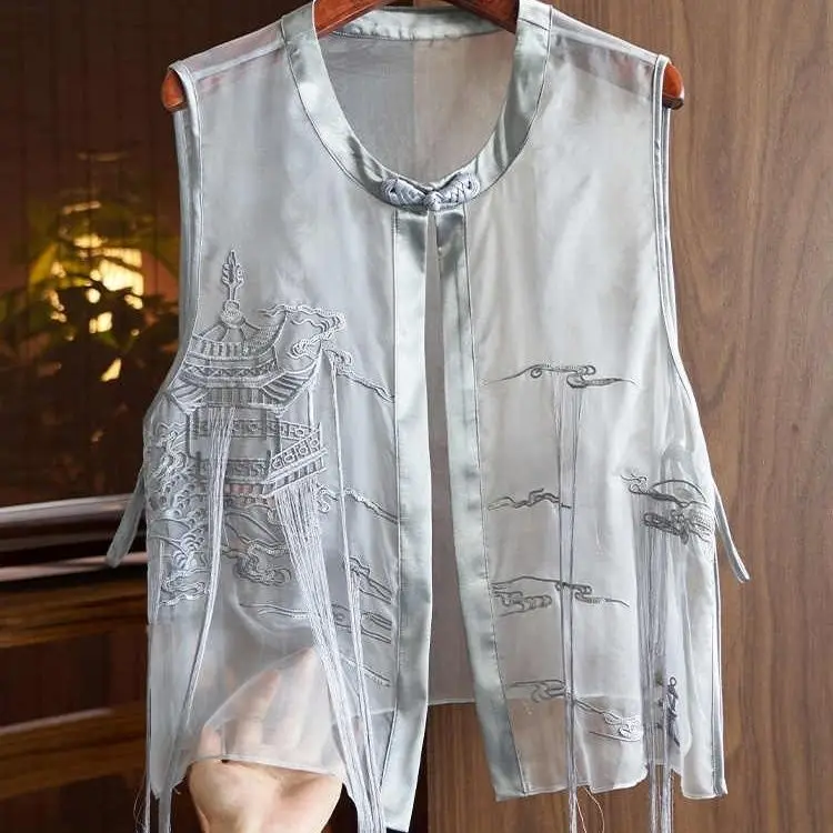 Vintage Vests Women Sheer Chinese Style Black Summer All-match Mom Clothing Embroidery Design Outwear Tassel Fashion Sleeveless