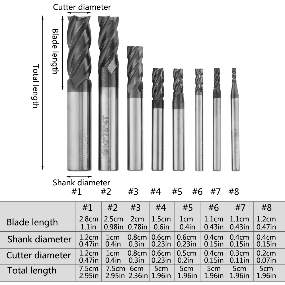 Set End Mill Karbida 8 pcs 2-12mm 4 Mata Pisau, Pahat Baja Tungsten