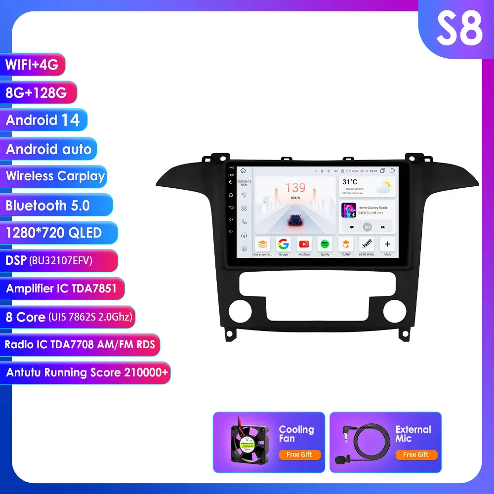 Hizpo 9 inch Auto Android Auto Radio voor Ford S Max S-MAX 2007-2015 Carplay Scherm Auto Intelligent Systeem Multimedia Videospeler Navigatie GPS