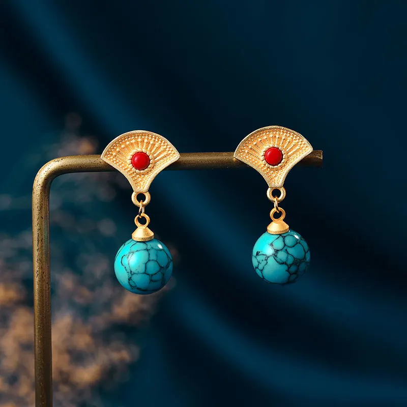 

Chinese Classical Style Turquoise Fan-shaped Women's Earrings Retro Accessories