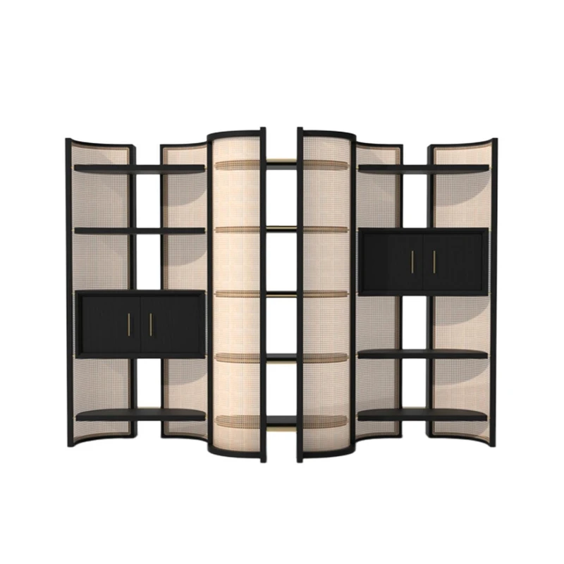 

Italian light luxury rattan bookshelf living room floor screen wabi-sandy wind combination solid wood shelf