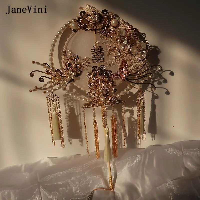 JaneVini New Luxury Gold Phoenix Pearls Chinese Bridal Bouquets Fan Artificial Lace Flowers Metal Hollow Fan Wedding Accessories