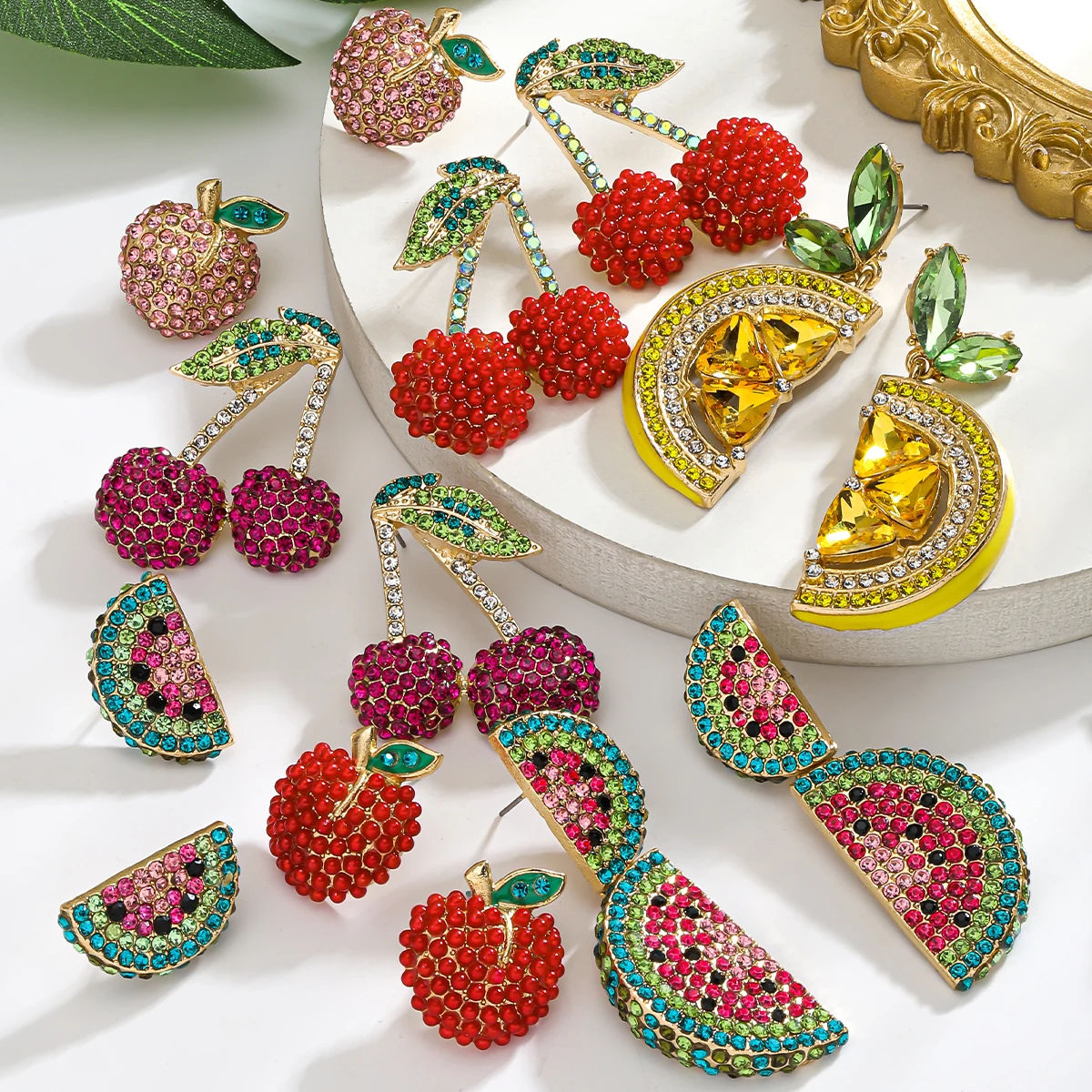 Boho Chic Shiny Rhinestone Fruit Dangle Earrings,Watermelon/Lemon Earrings,Summer Vacation Party Jewelry For Women Perfect Gifts