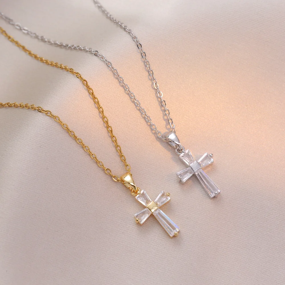 Shining Zircon Cross Necklaces for Men Women Hip Hop Pendant Chokers 316L Stainless Steel Chain  Fashion Jewelry