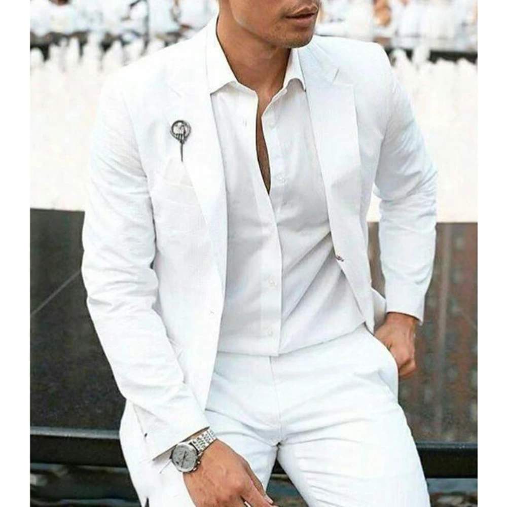 White Men Suit Fashion Notch Lapel Smart Office Casual Male Suit Slim Fit Wedding Two Piece(Blazer+Pants)