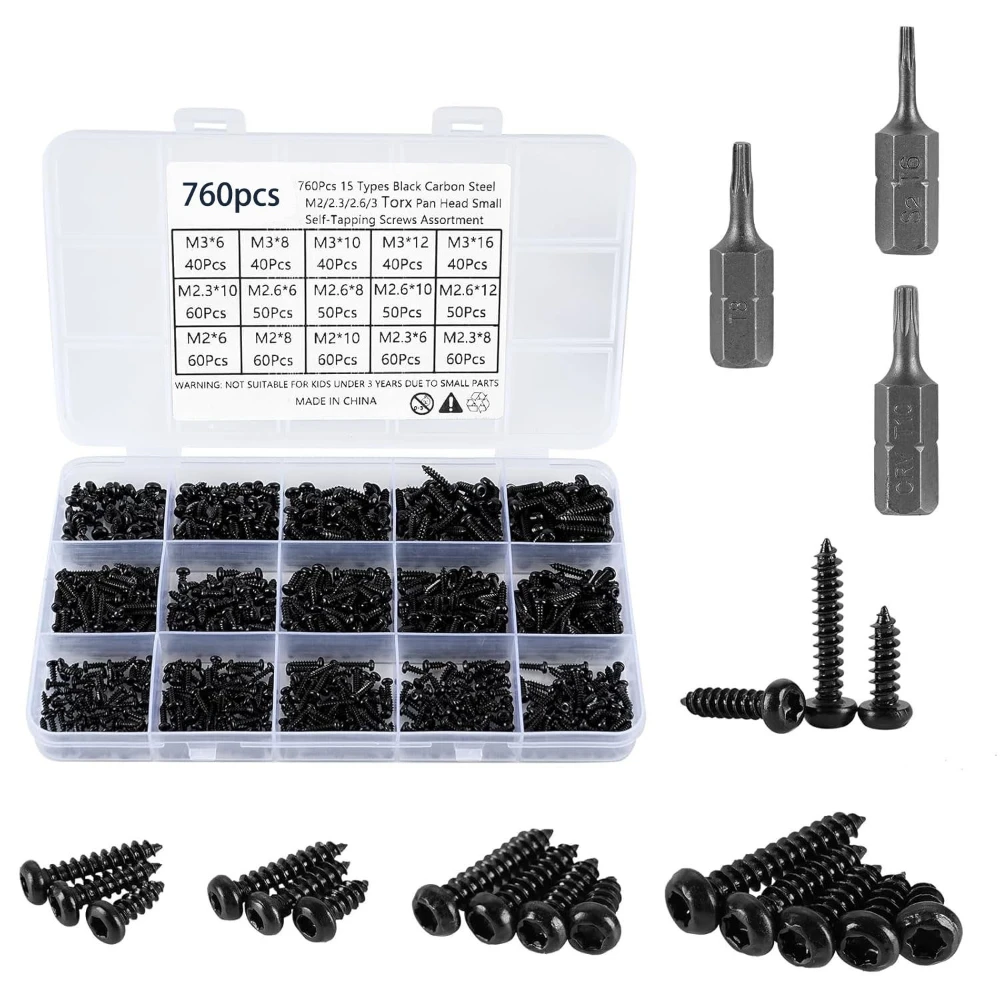 760pc Torx Pan Head Tapping Screw for Plastic kit M2 M2.3 M2.6 M3 grade 8.8 Black Carbon Steel Round Six Lobe Self Tapping Screw