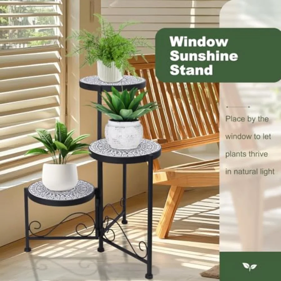 3 Tier Mosaic Plant Stand Foldable Corner Shelf for Indoor Outdoor Tall Plant Holder Display Rack for Patio Balcony Living Room image 6