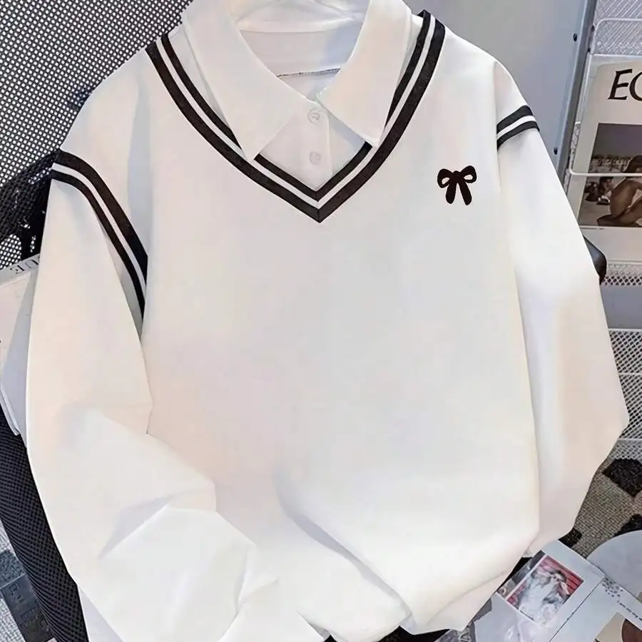

Womens Preppy Style Bow Print Striped V-Neck Sweatshirt