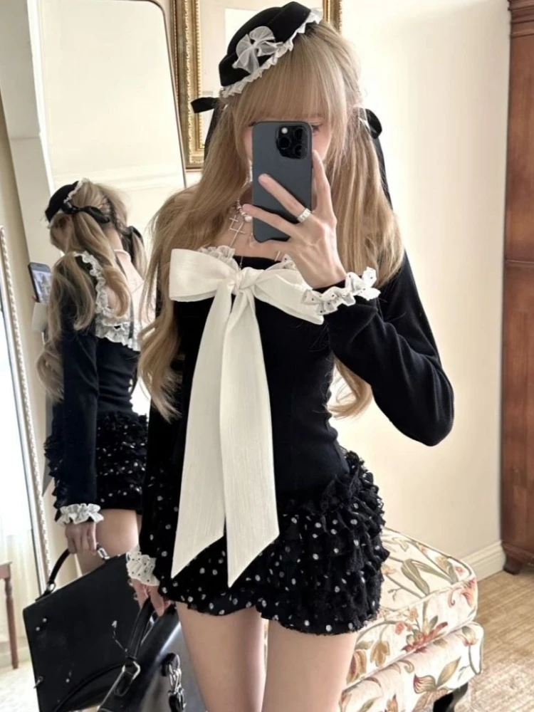 

Новые японские милые кавайные комплекты из 2 предметов 2026 года: женский топ с длинным рукавом, бантом и кружевом, мини-юбка в горошек, модные облегающие костюмы в стиле Харадзюку