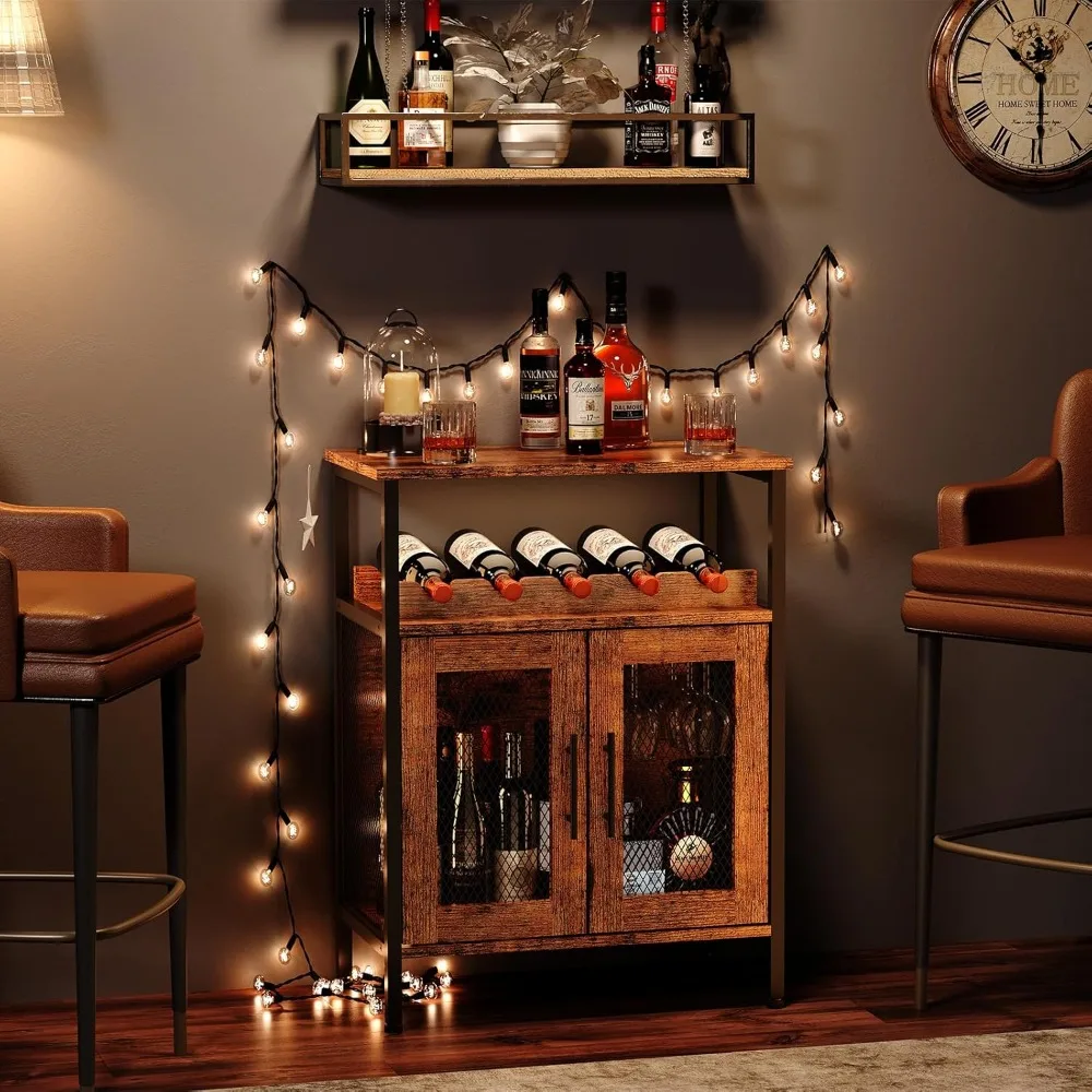 Wine Bar Rack Cabinet with Detachable Wine Rack, Coffee Barwith Glass Holder, Small Sideboard and Buffet Cabinet with Mesh