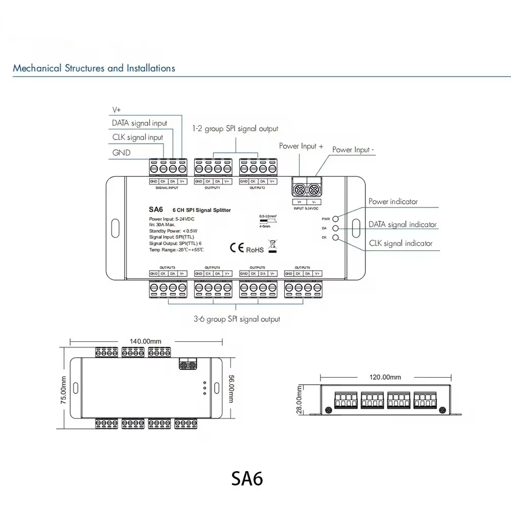 مضخم صوت الإشارة ، شريط ليد قابل للعنونة ، SA6 6CH TLL ، 6 Way SPI ، 7.5 ، Way WS2811 ، WS2812 ، RGB ، RGBW ، جديد