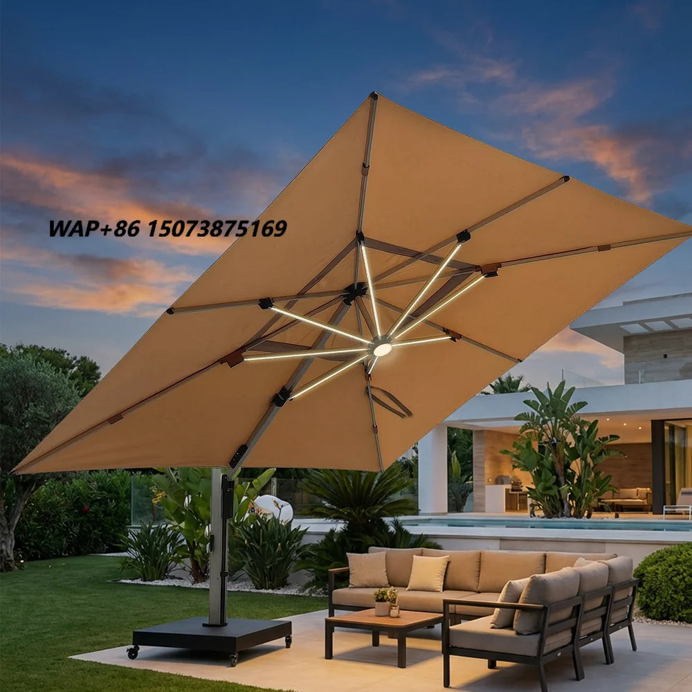 Luxury Royal Parasol 3*3m 360° Rotating Aluminum 123mm Pole Led Cantilever Patio Umbrella for Hotel Villa