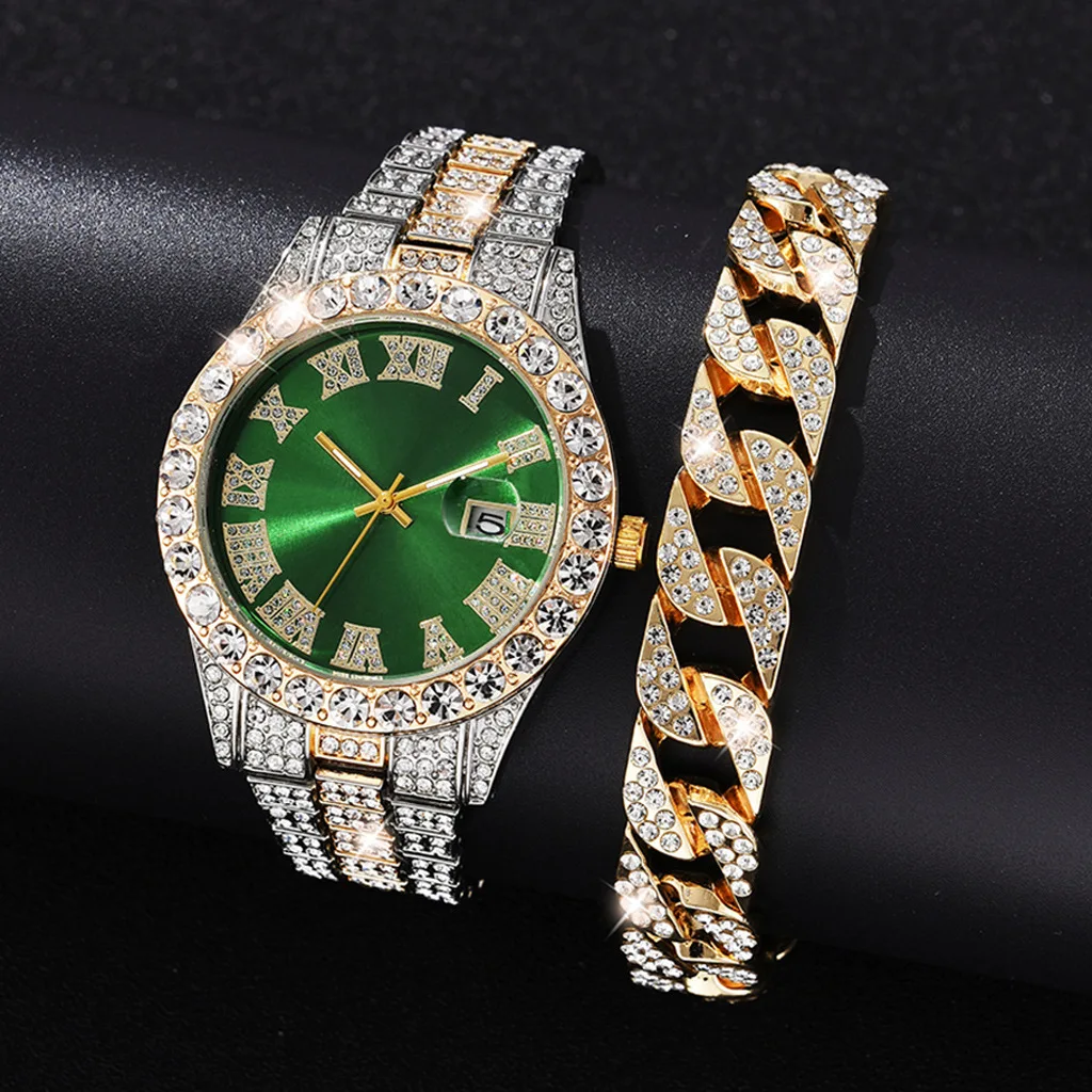 2PCs Fashion Luxury Full Diamond Steel Band Calendar Roman Scale Men\'s Steel Band Quartz Watch with Diamond Chain Bracelet Gift