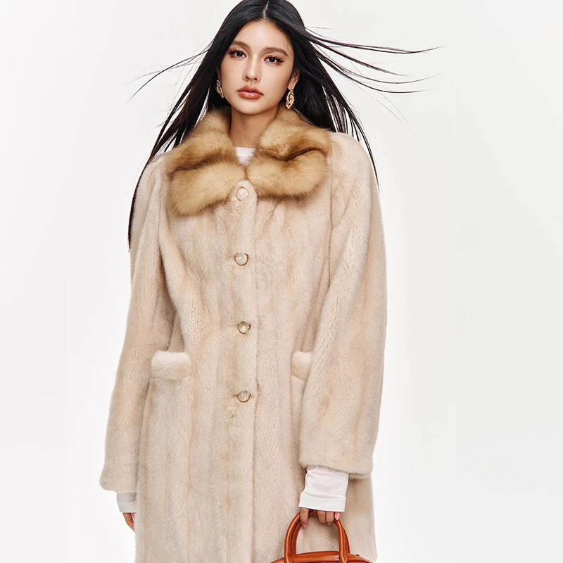 Ftangaiur New Winter Import Velvet Mink Fur Coat Sable Turn-Down Collar Mink Coat Women Medium Natural Real Mink Fur Coats