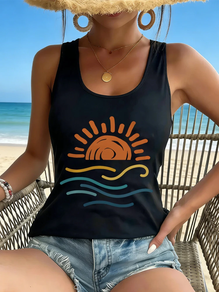 Sun And Ocean Graphic Print Racerback Tank Tops Women Sleeveless New Fashion Ocean Beach Tees Summer Female Sexy Camis Vests
