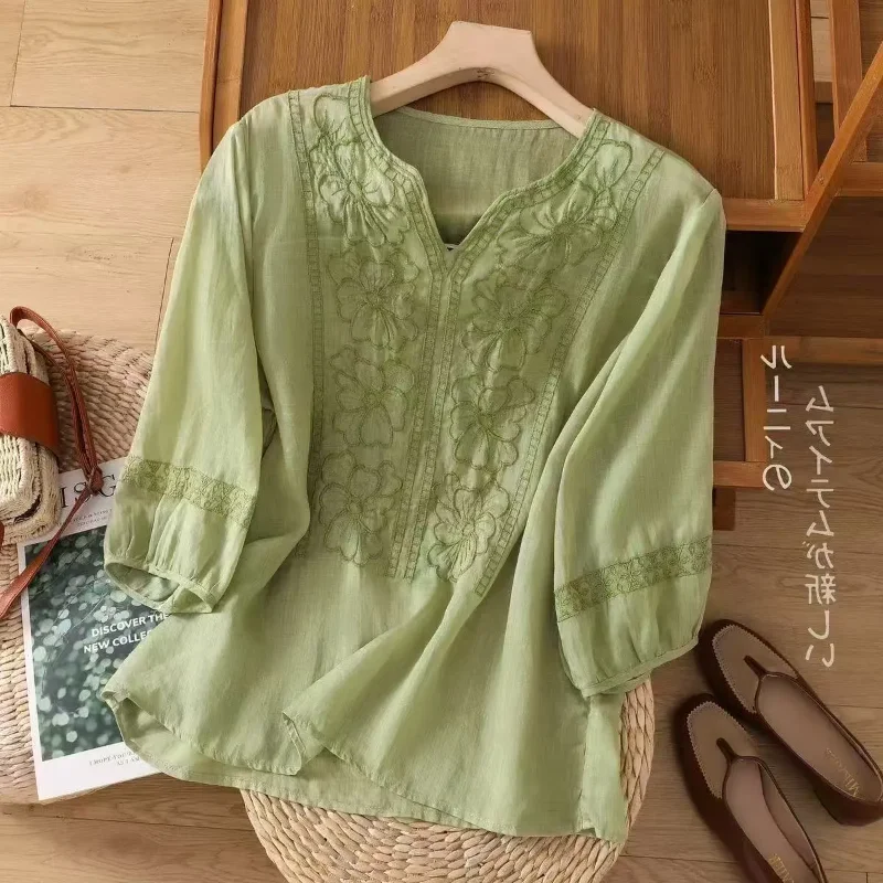 

Women Linen Cotton Embroidered Blouse Vintage 3/4 Sleeve Loose Summer Shirt