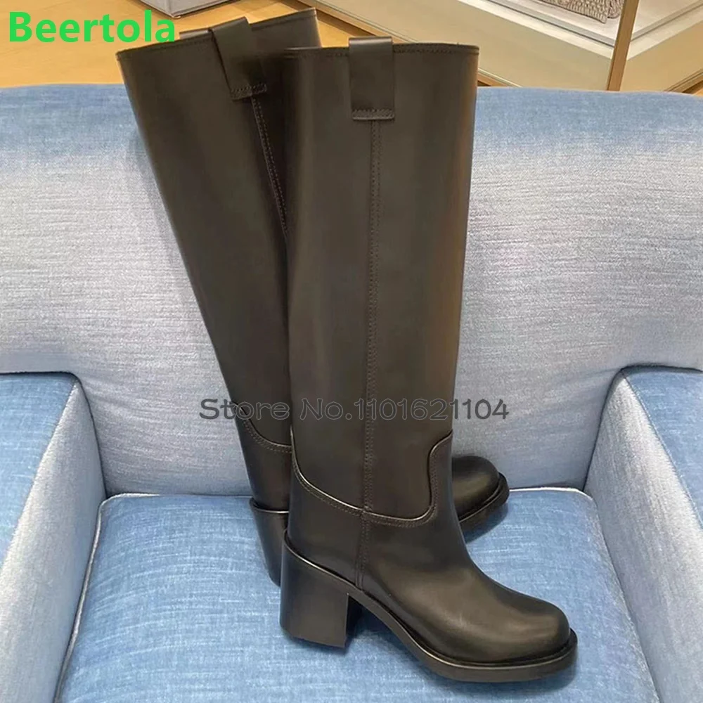 Bottes au genou à enfiler pour femmes, chaussures monochromes, noir, talon carré, rond, Parker, élégant, design de luxe, femme, mode, hiver, nouveau, 2024