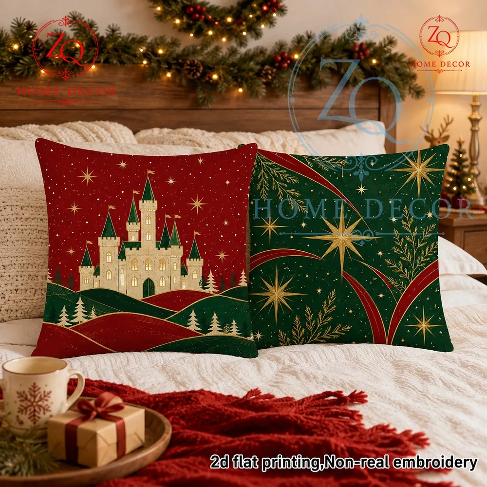 Dark green  goldred Christmas starpterned pillowcases add a retro European festive touch brightening up your cozy home corner.