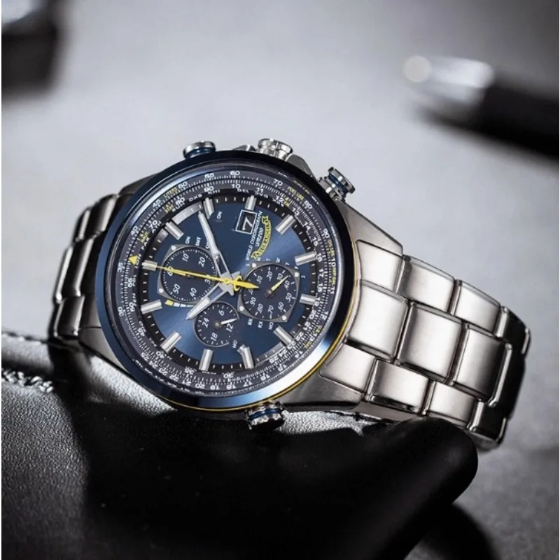 

Мужской спортивный роскошный мировой хронограф с экологическим приводом, атомный хронограф из нержавеющей стали, синий циферблат, Рождественский подарок