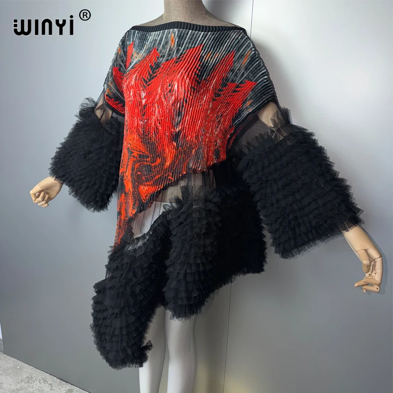 WINYI Unregelmäßiges Kaftan-Kleid im Dubai-Stil, Plissiert mit Elastischen Puffärmeln, Strandkleid, Luxuriöses Party- und Abendkleid für den Urlaub – Detail 5
