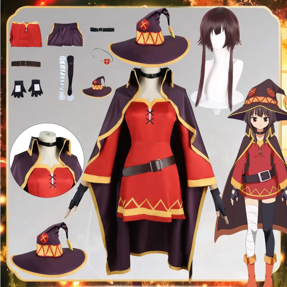 Megumin Cosplay Costume pour femme, robe de sorcière, tenues d'anime, perruque d'Halloween