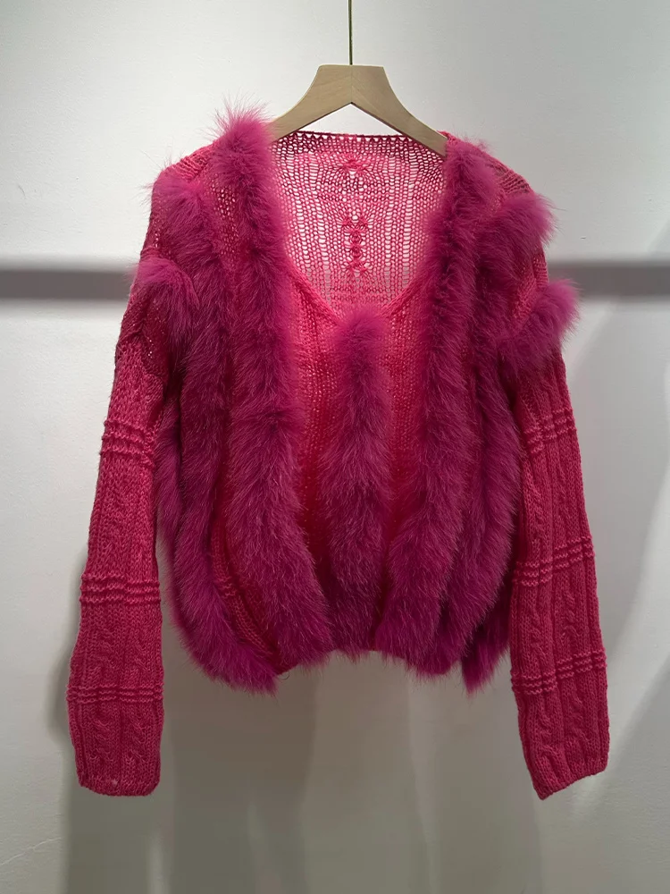 2026 Women Autumn Real Fur Pullover Coat With Real Fox Fur Stripe Knitted Sweater Coat Luxury Female Jackets view 3