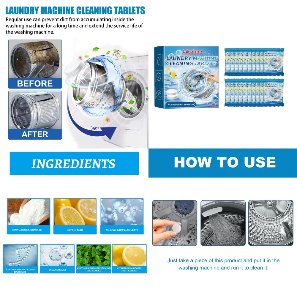 

50-шипучие таблетки для чистки стиральной машины с натуральным бикарбонатом натрия, удаляет грязь и запах, свежий аромат, спереди и