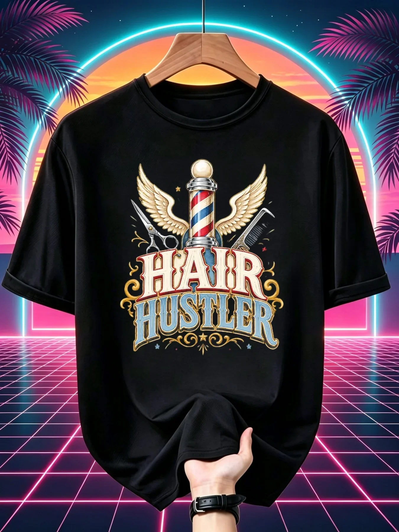 Hair Hustler Shirt Barber Pole Wings Funny Hairstylist Gift Barbershop Salon Grooming Graphic Apparel for Men Beauty Professionals Trending Oversized, Plus Size