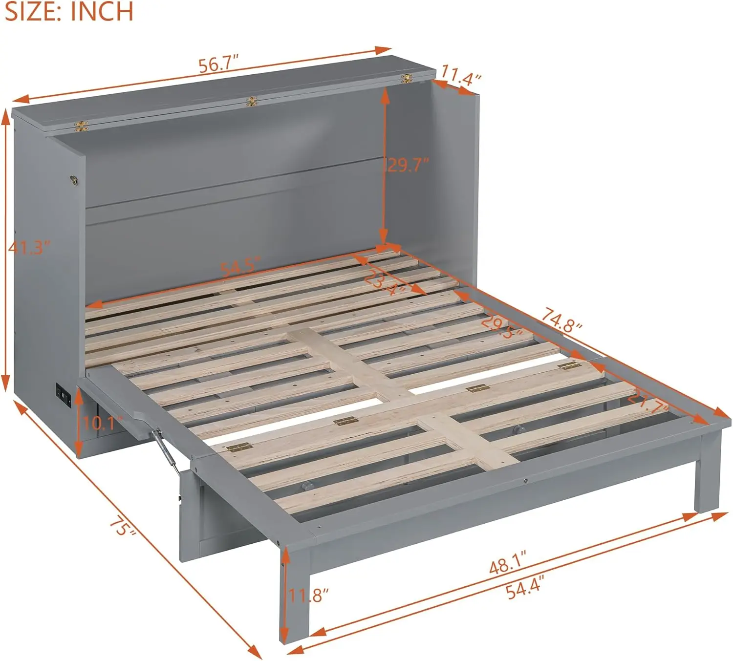 Harper & Bright Designs Full Size Murphy Bed Cabinet Wall Bed, Solid Pine Murphy Bed Chest With Usb, Charging Station And Large