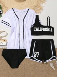 4 Pieces Bikinis With Top Short 2026 Girls Swimsuit Kids Swimwear Female Children's Bathers Bathing Swimming Swim Suit Beachwear