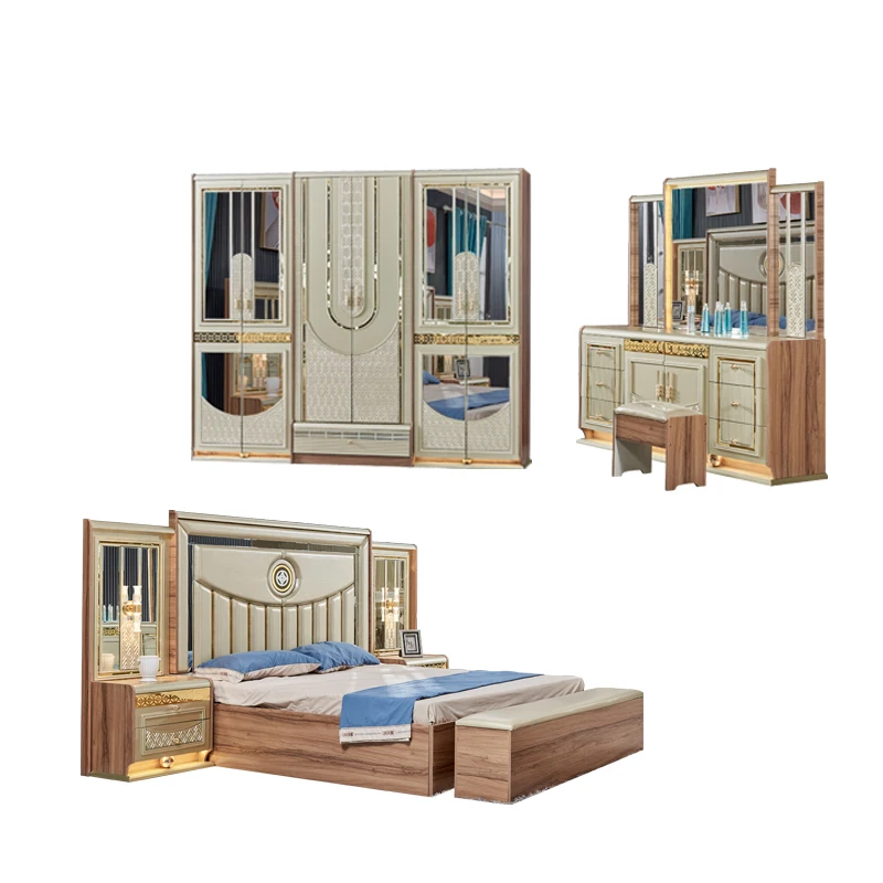 

&Luxury Gold Wood Double Leather King Size Bed Meuble De Chambre a Coucher Complet Wooden Modern Home Full Bedroom Furniture Set