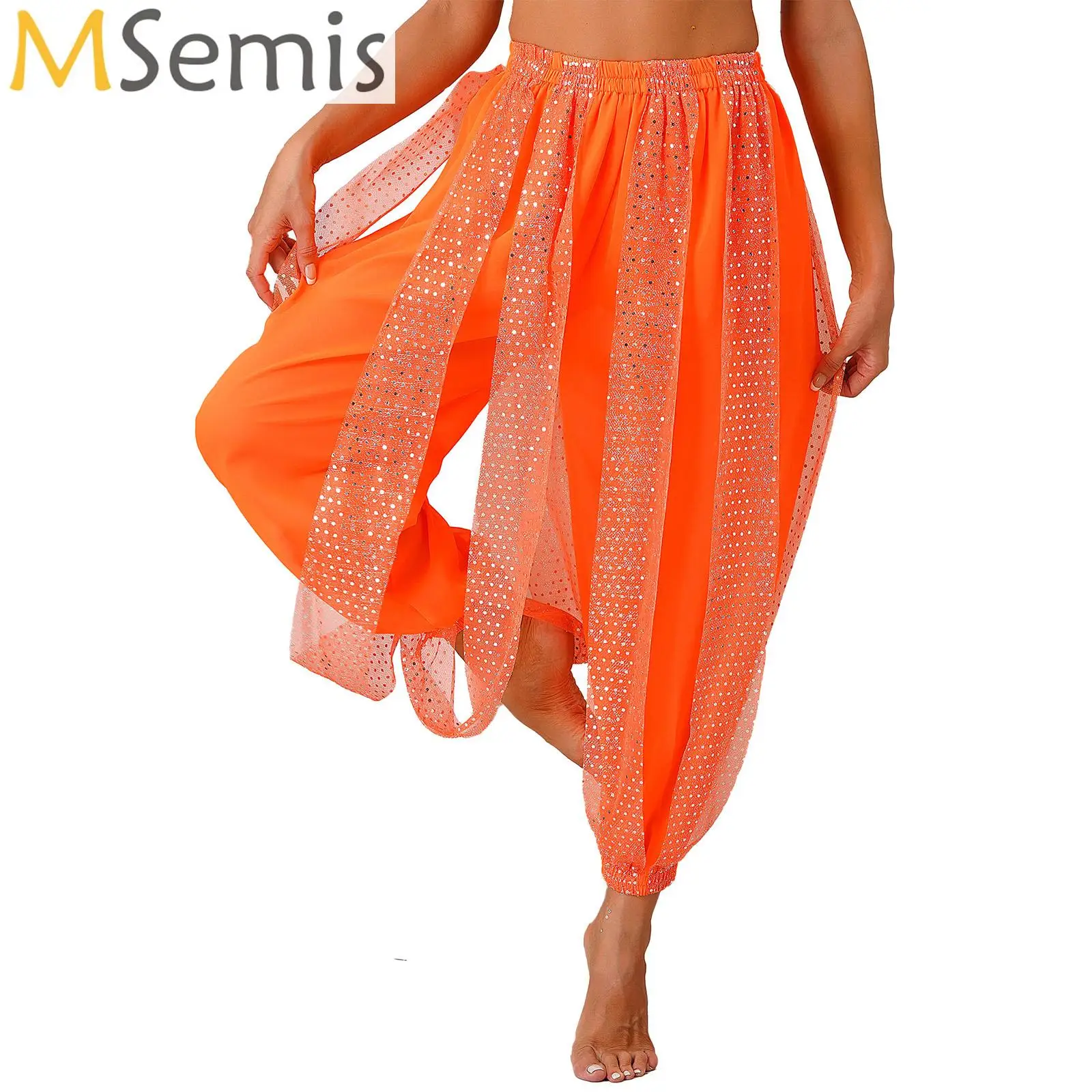 

Women Fashion Sequin Dots Chiffon Pants Belly Dance Stage Performance Trousers Semi See-Though Bloomers Halloween Arabic Costume