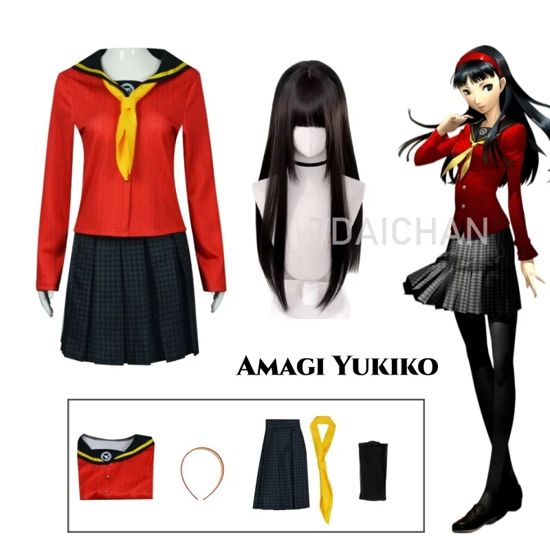 Persona 4 Golden Amagi Yukiko Cosplay Costume Red Sailor Uniform Plaid Skirt 80cm Black Wig Halloween School Outfit P4G