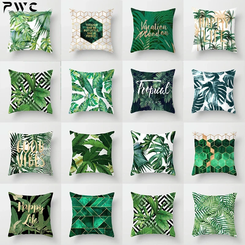 

Peach Skin Hug Tropical Plants Pillow Case Polyester Decorative Pillowcases Green Leaves Throw Pillow Cover Square Household