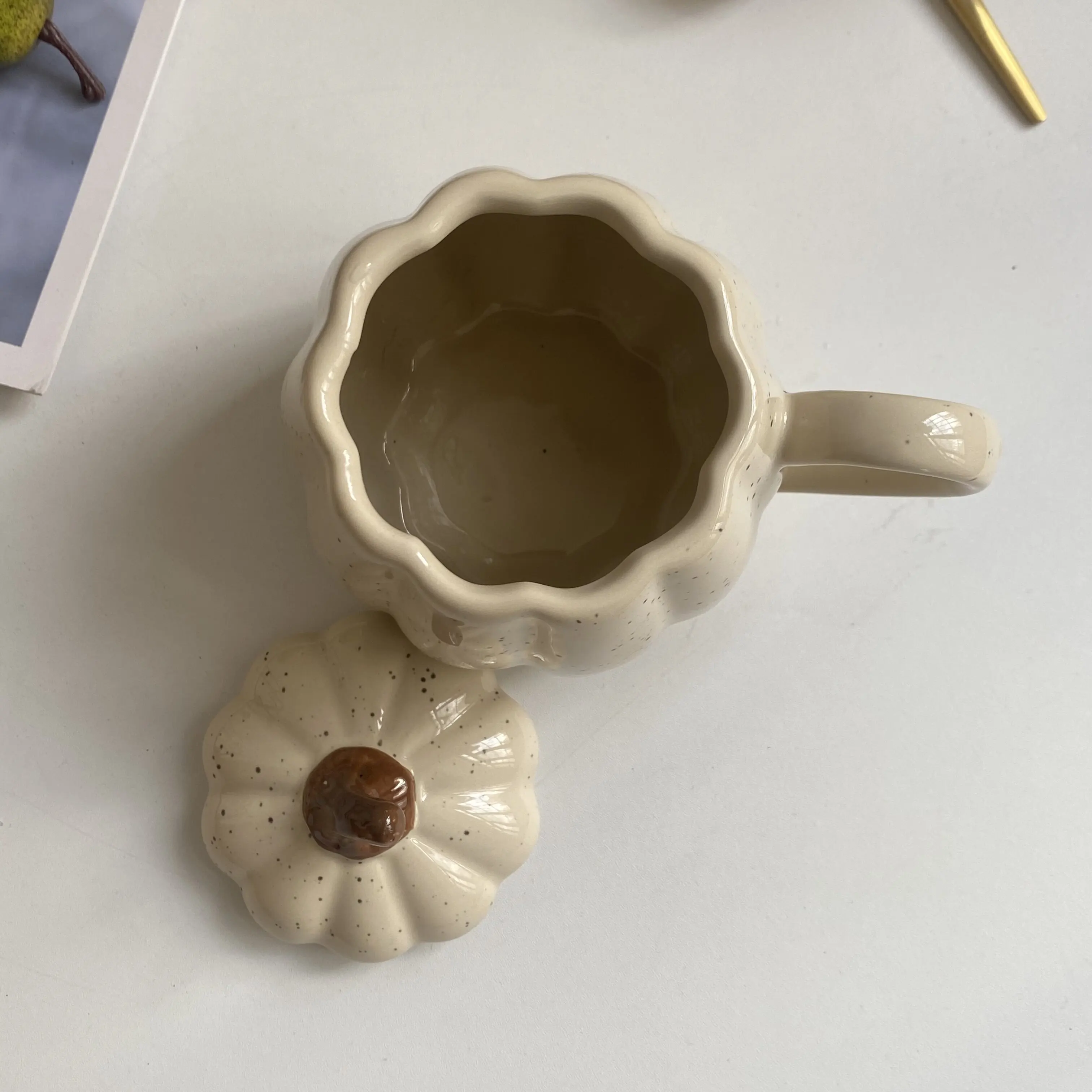 400ml Sesame Glazed Ceramic Water Mug with Covered Creative Pumpkin Shaped Household Mug and Lid Milk Cup High Beauty - view 3