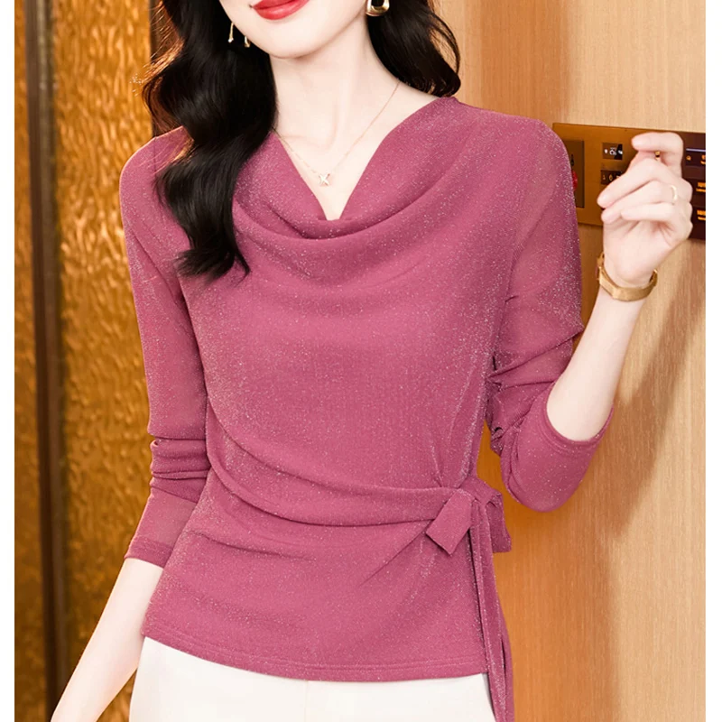 Spring Long Sleeved Women's T-Shirt Fashion Solid Color Shiny Silk Tie-Up Mesh Tops M-3XL Tops