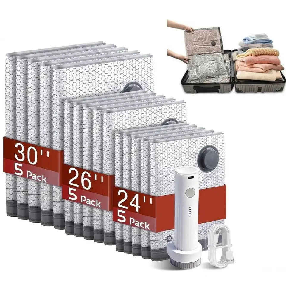 Cordless Travel Vacuum Compression Bag Set 15-Pack 30/26/24 Inch Space Saver Storage Bags Carry-On Luggage Packing Organizer