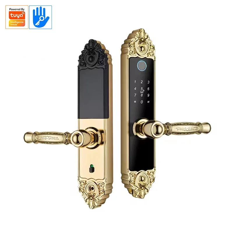 Smart Home Digital Lock Electronic Fingerprint Smart Lock European Home Indoor Door Handle Lock Golden Red Brown Tuya TTlock