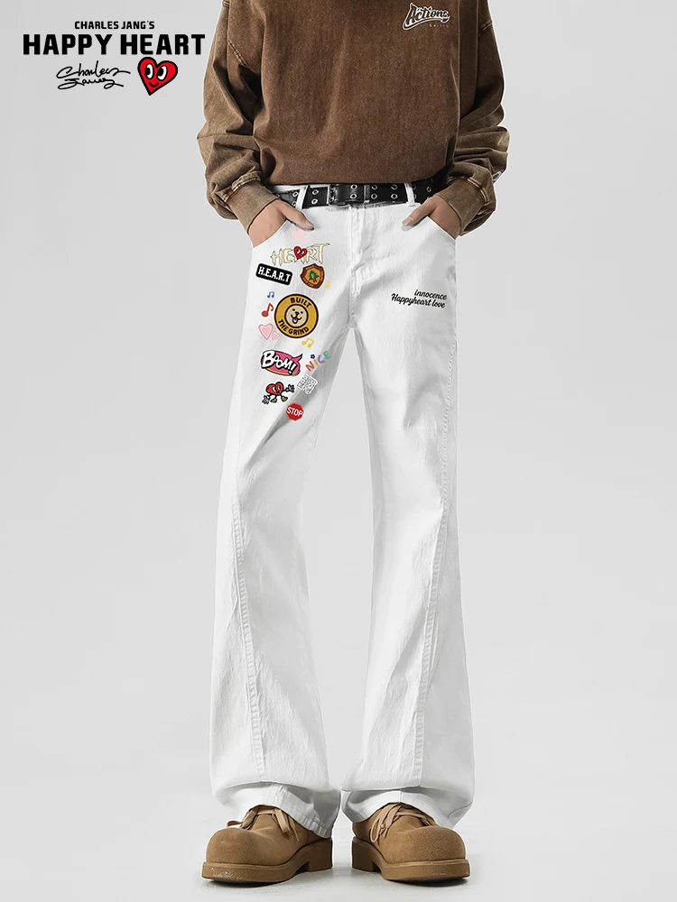 Calças Jeans Brancas Charles Heart com Corte Bell Bottom, Calças Casuais para Homens e Mulheres, Calças Longas de Primavera e...