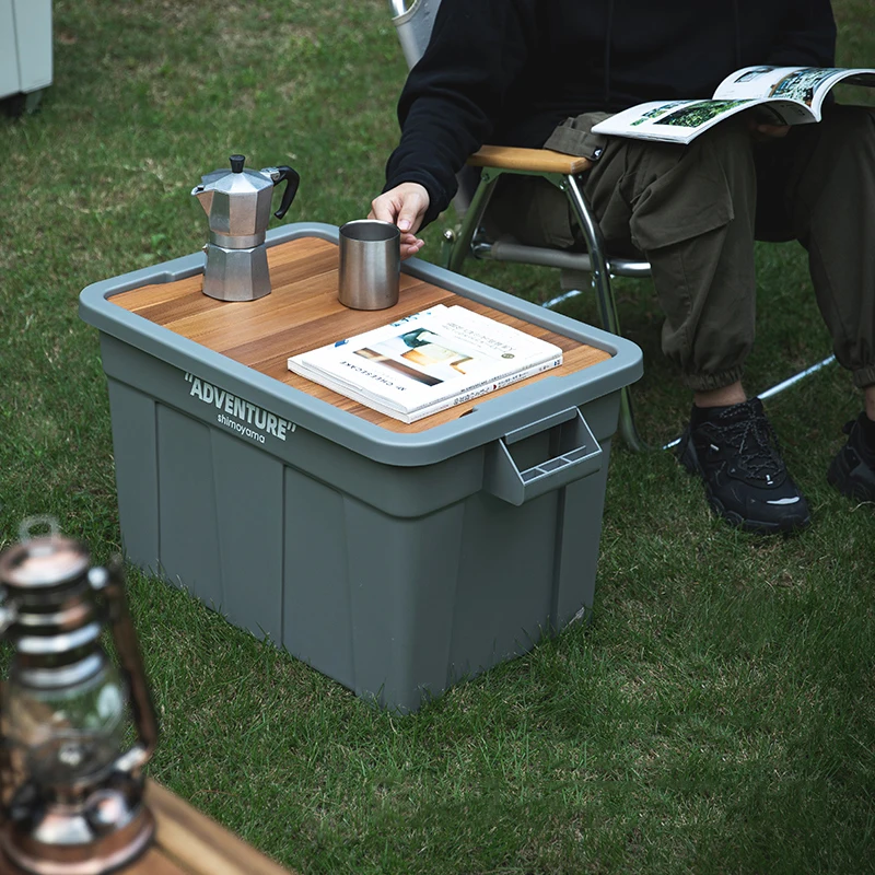 

74L Outdoor Camping Industrial Design Cargo Box Crate Utility Box With Moving Wheels And Wood Table Board