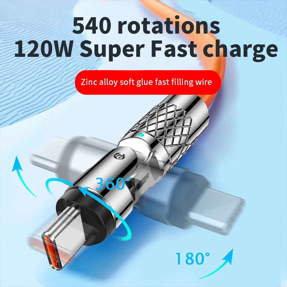 120W Fast Charge USB Type C Cable 540 Degree Rotation Elbow Cable for Game for Xiaomi Redmi Honor Samsung Phone Charge Data Cord