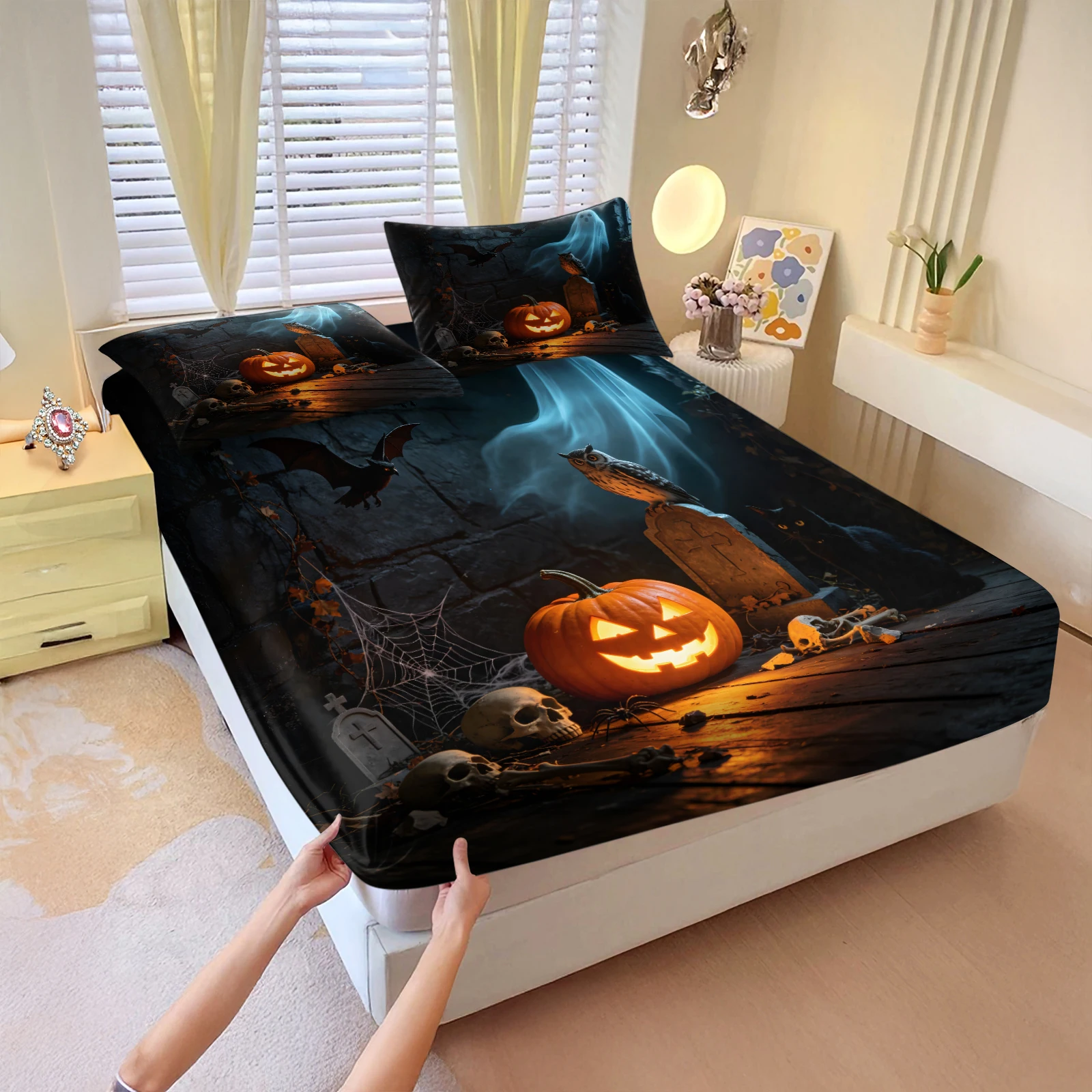 ハロウィンフィットシーツセット パンプキン ゴースト フクロ - Bed Sheet Microfiber のレビューと価格