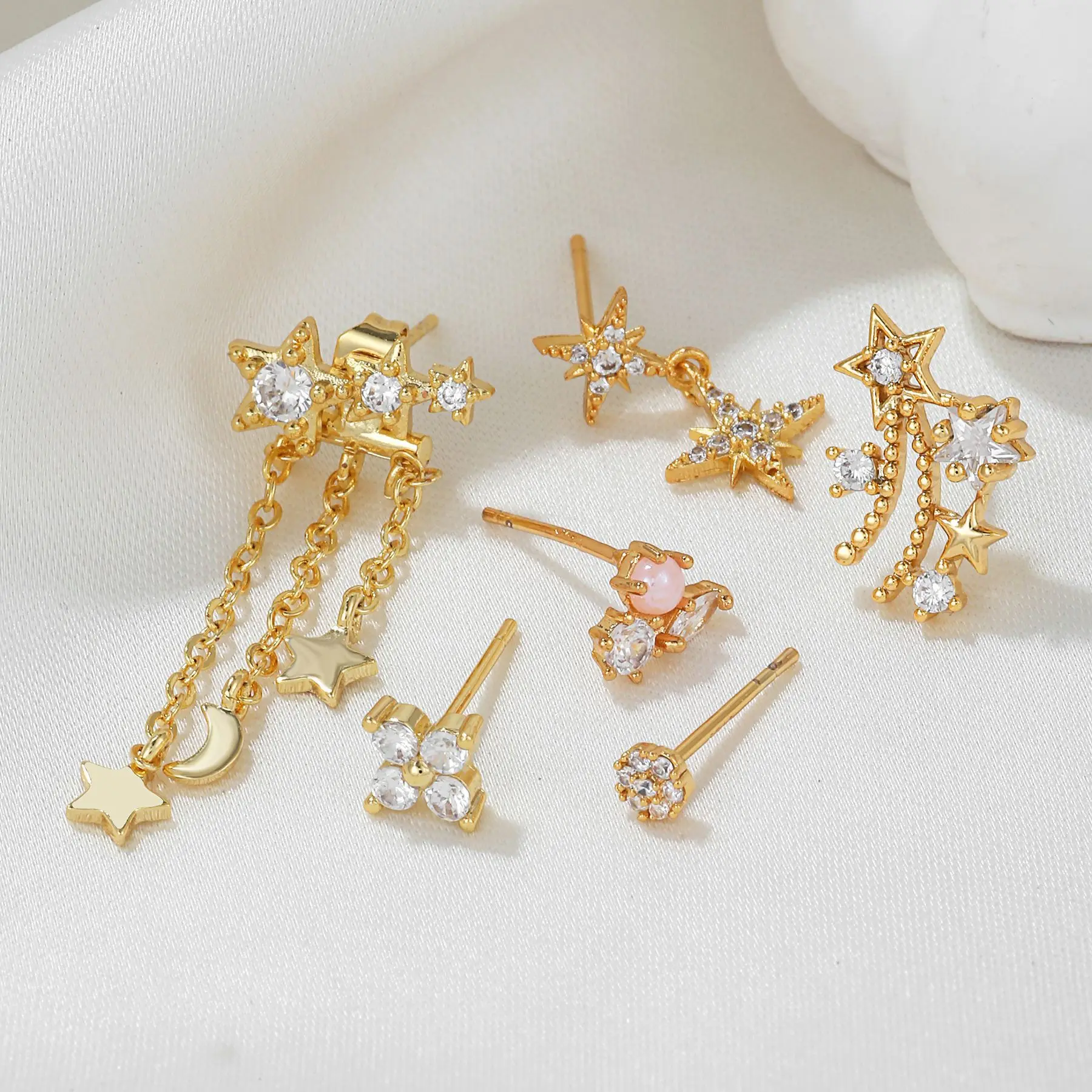 6pcs/Set Vintage Classic Trend Long Tassel Moon Cross Star Meteor Stud Earrings For Women Female Party Jewelry Gifts